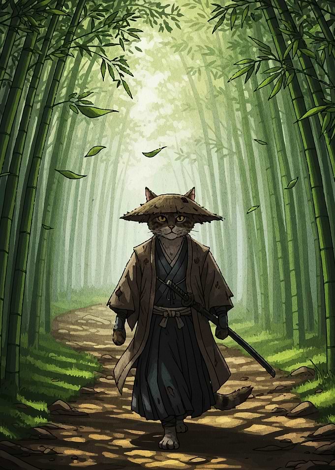 Samurai Cat in Bamboo Forest