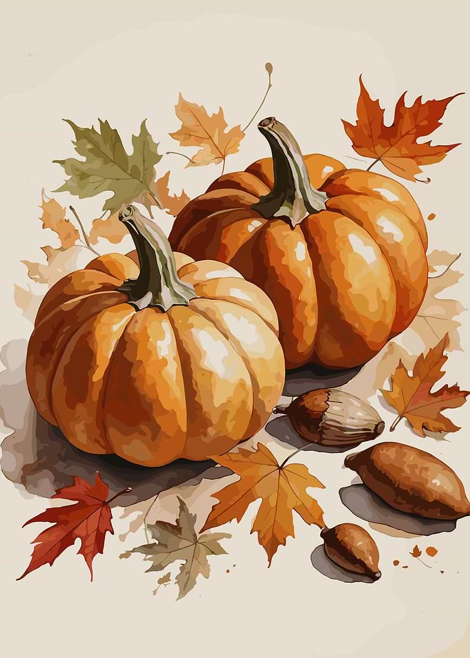 Watercolor Pumpkins and Autumn Leaves