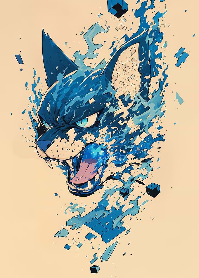 Blue Pixelated Cat Head Illustration