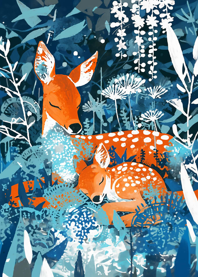 Deer and Fawn in Blue Forest