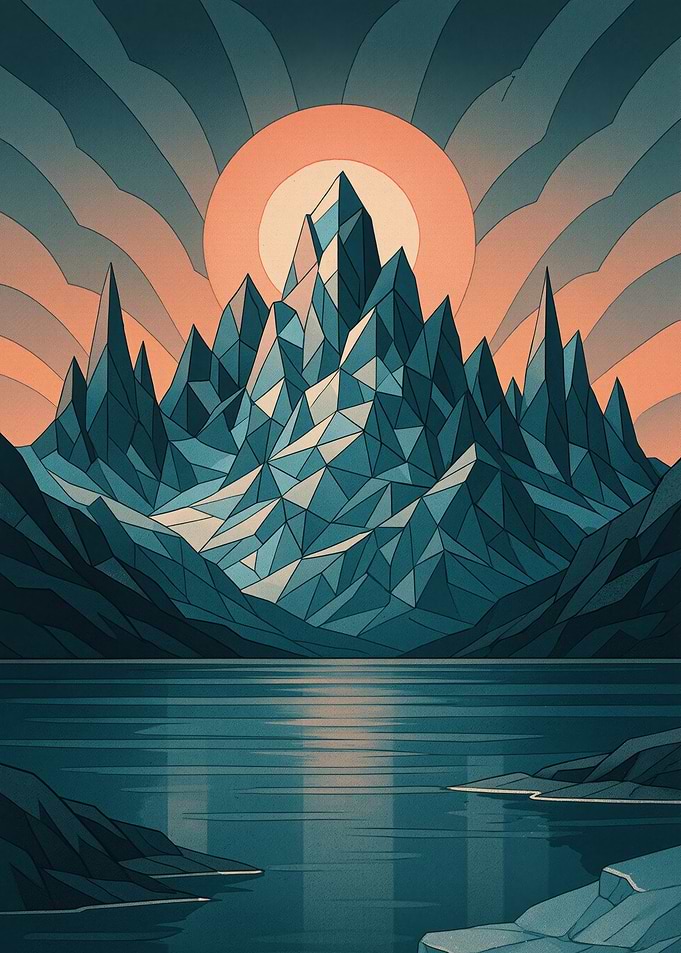 Geometric Mountain Landscape with Lake