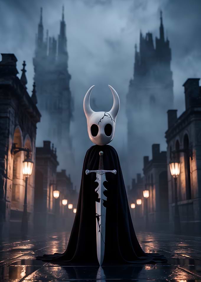 Hollow Knight in a Gothic Cityscape