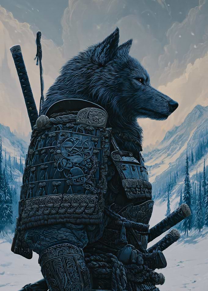 Wolf Samurai in Snowy Landscape