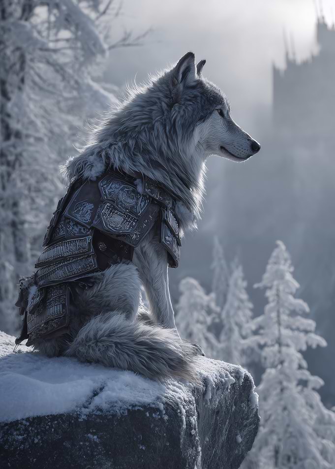 Armored Wolf in Winter Landscape