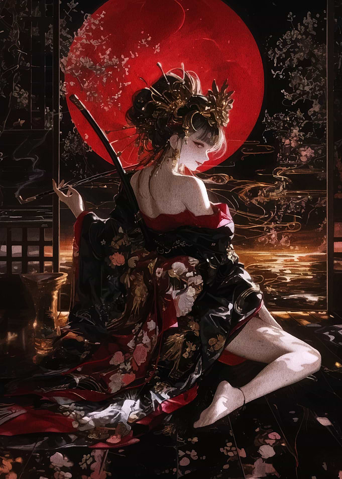 Geisha with Red Moon Digital Art
