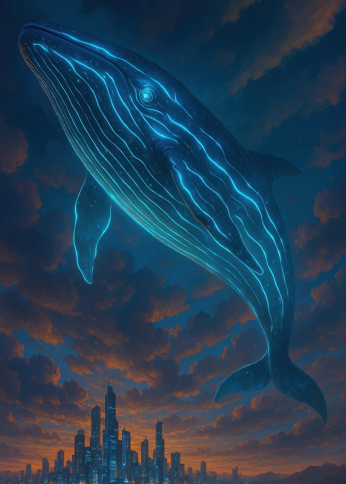 Glowing Whale Over Cityscape