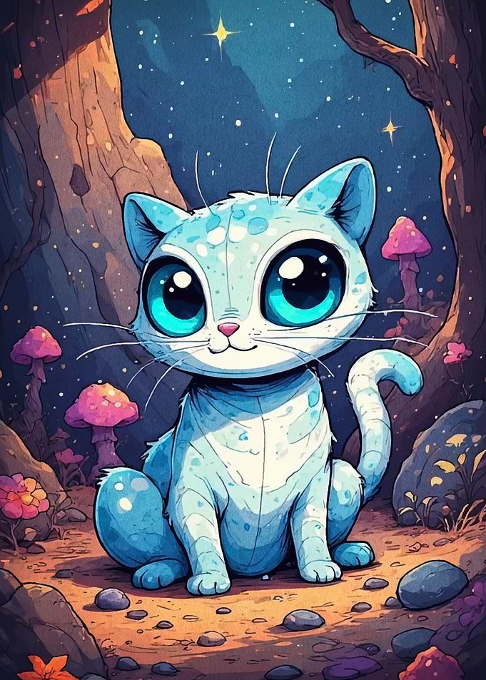 Cute Blue Cat in Enchanted Forest