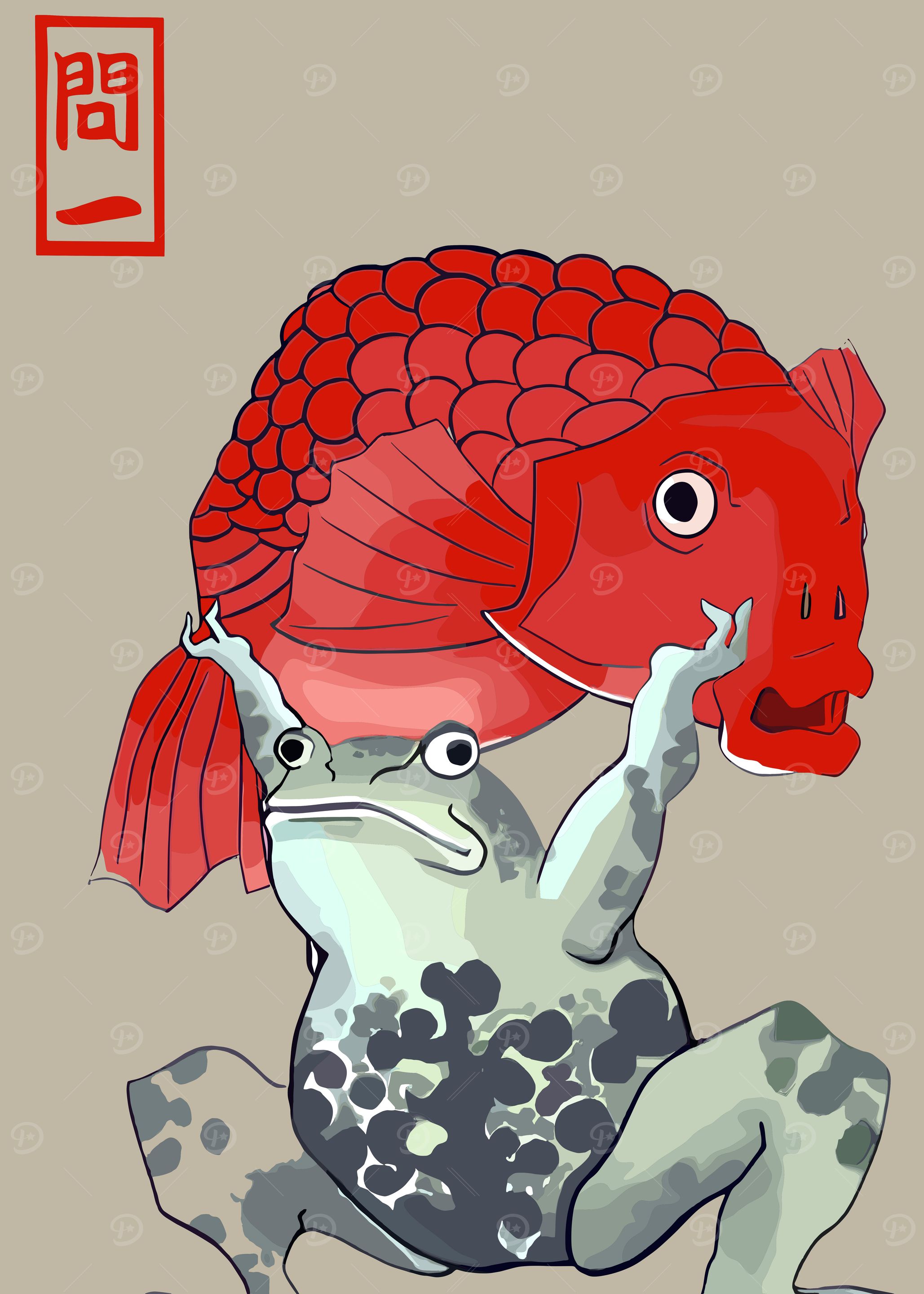 Frog Carrying a Red Fish