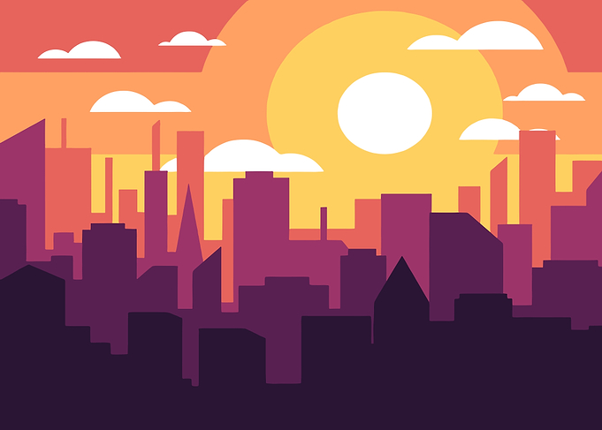 Cityscape Sunset Flat Vector Illustration