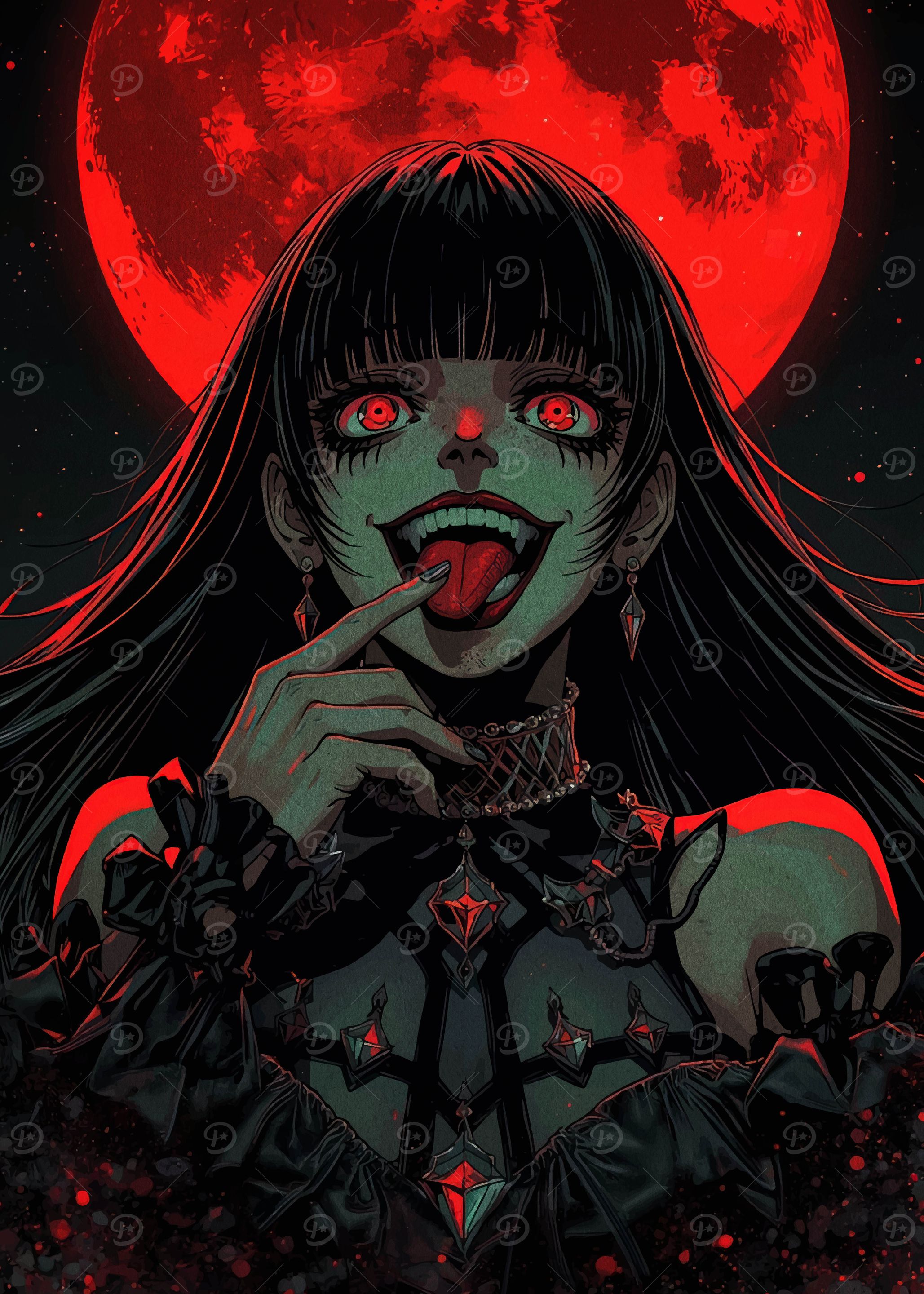 Creepy Girl with Red Moon