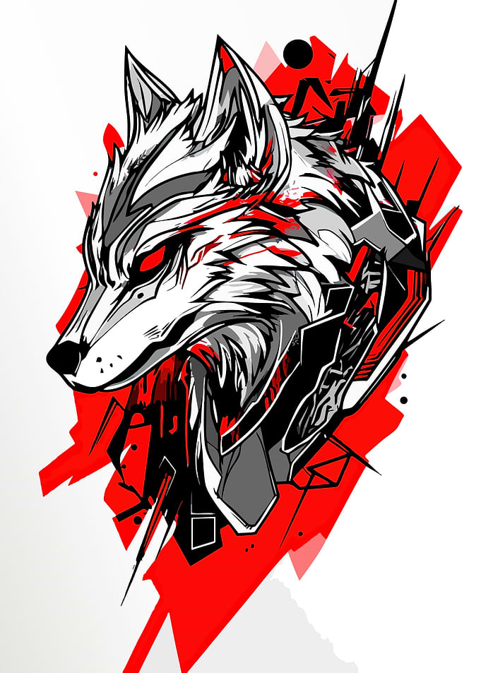 Abstract Wolf Head with Red Accents
