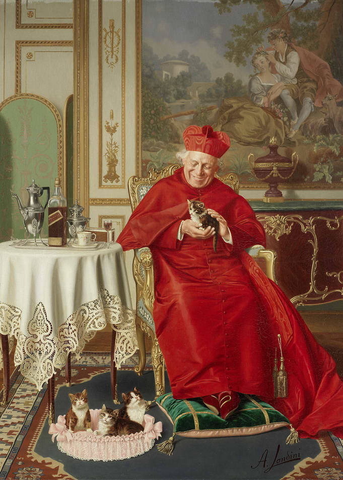 Cardinal Holding Kitten Painting