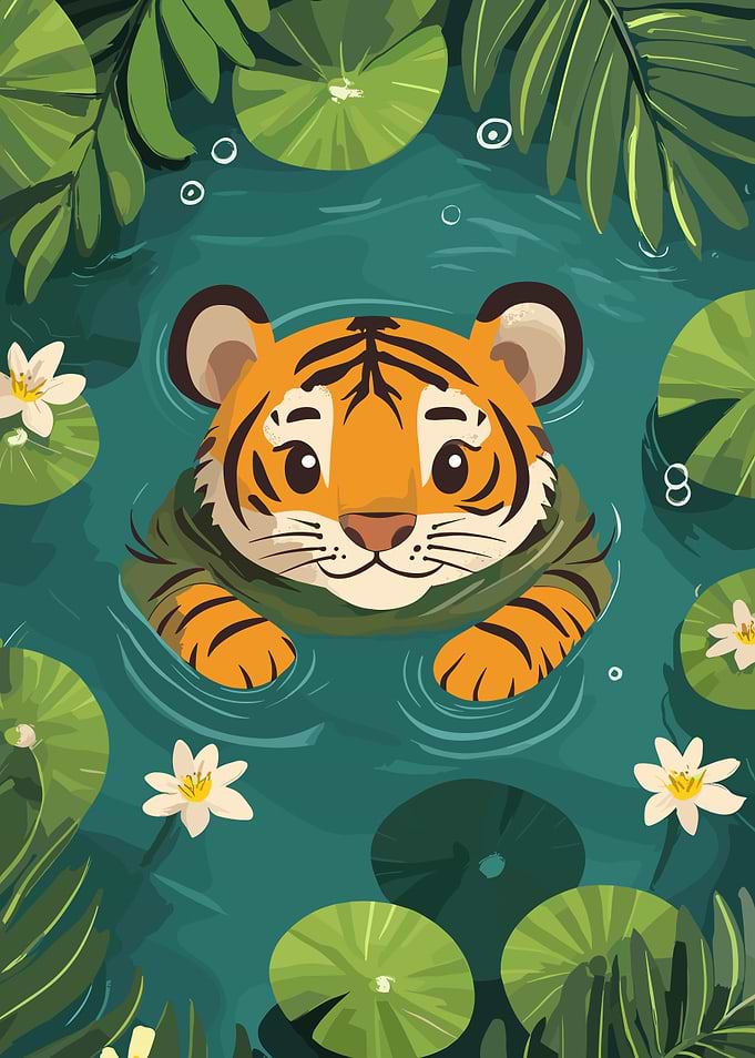Cute Tiger Swimming in a Pond