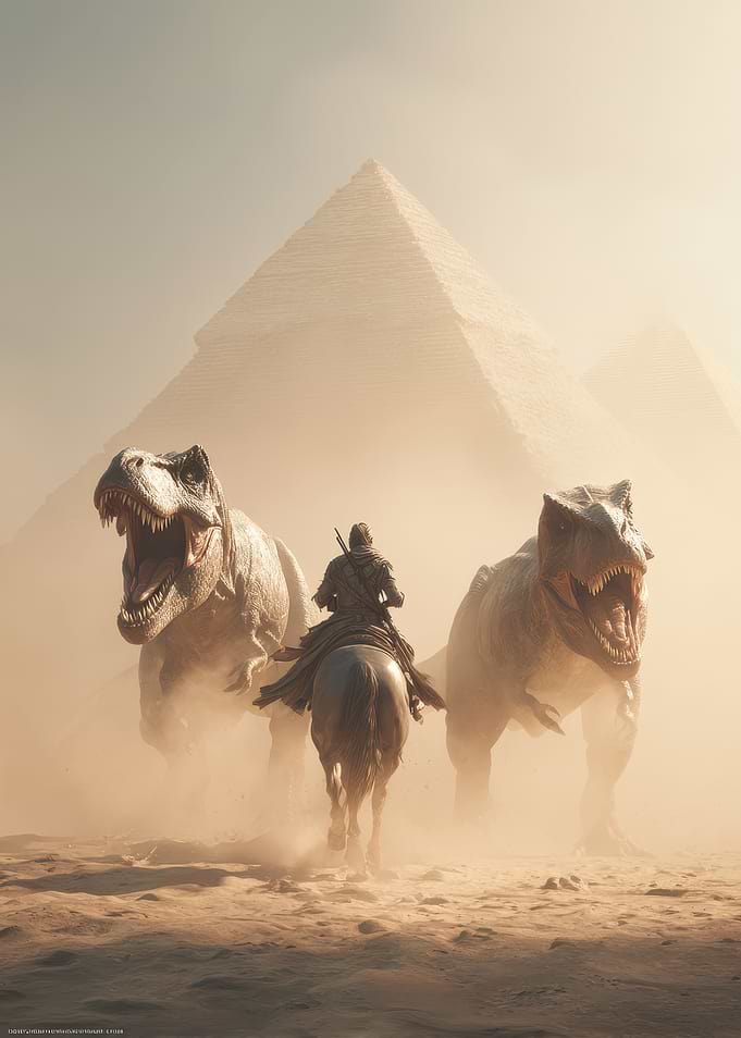 Rider with Dinosaurs in Desert Landscape