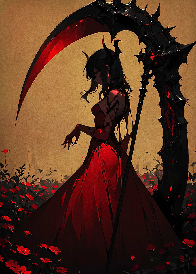 Red Reaper in a Field of Flowers