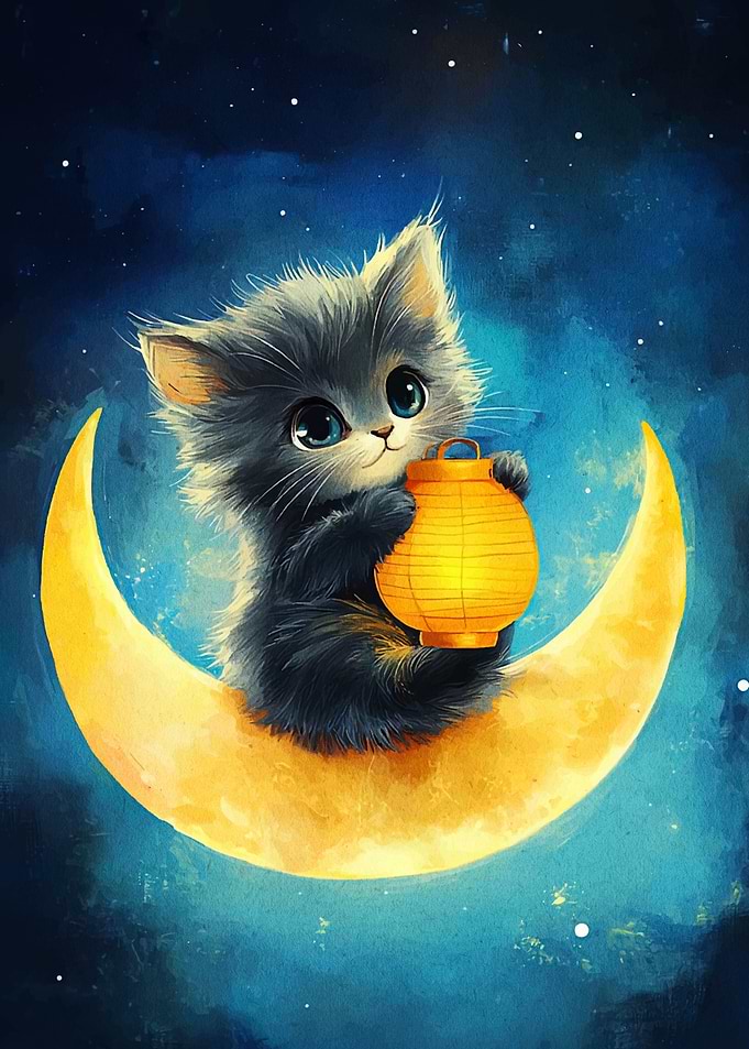 Cute Kitten on Moon with Lantern