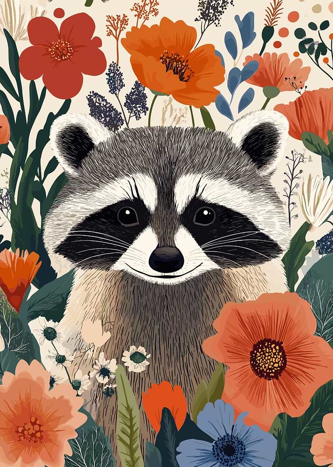 Raccoon Portrait Amidst Floral Bloom
