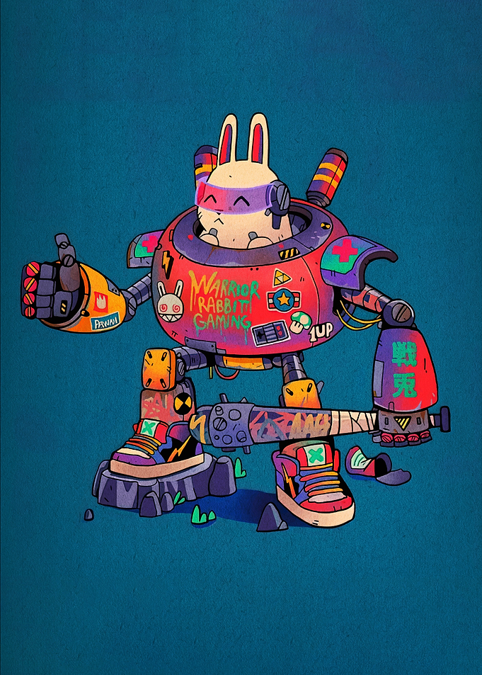 Warrior Rabbit Gaming Mech Illustration