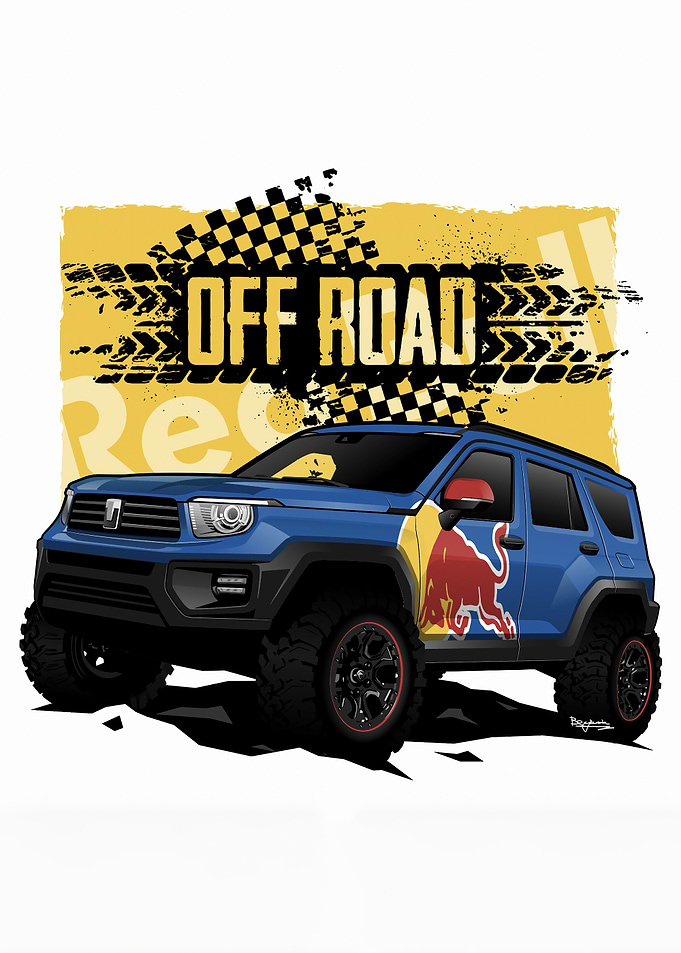 Blue Off-Road Vehicle with Red Bull Logo