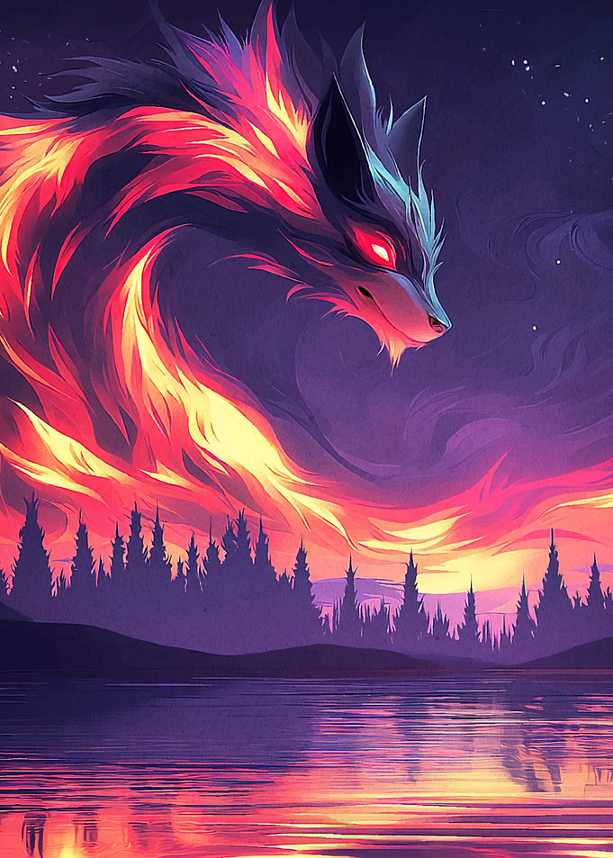 Fiery Wolf Over Lake Landscape