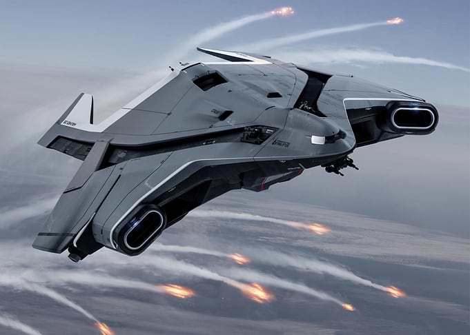 Futuristic Spaceship in Flight with Missiles