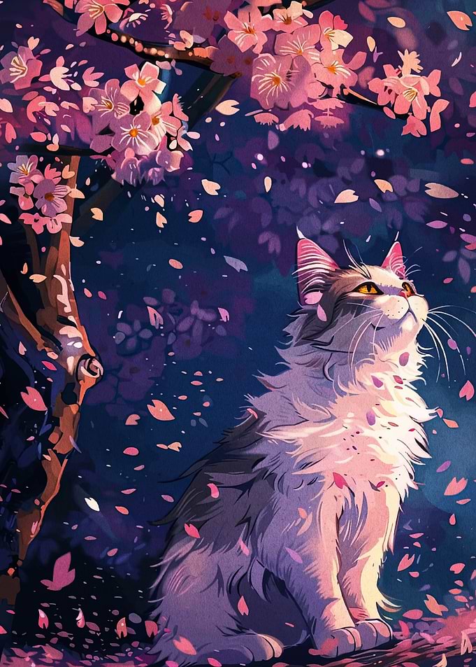 Cat under Cherry Blossom Tree