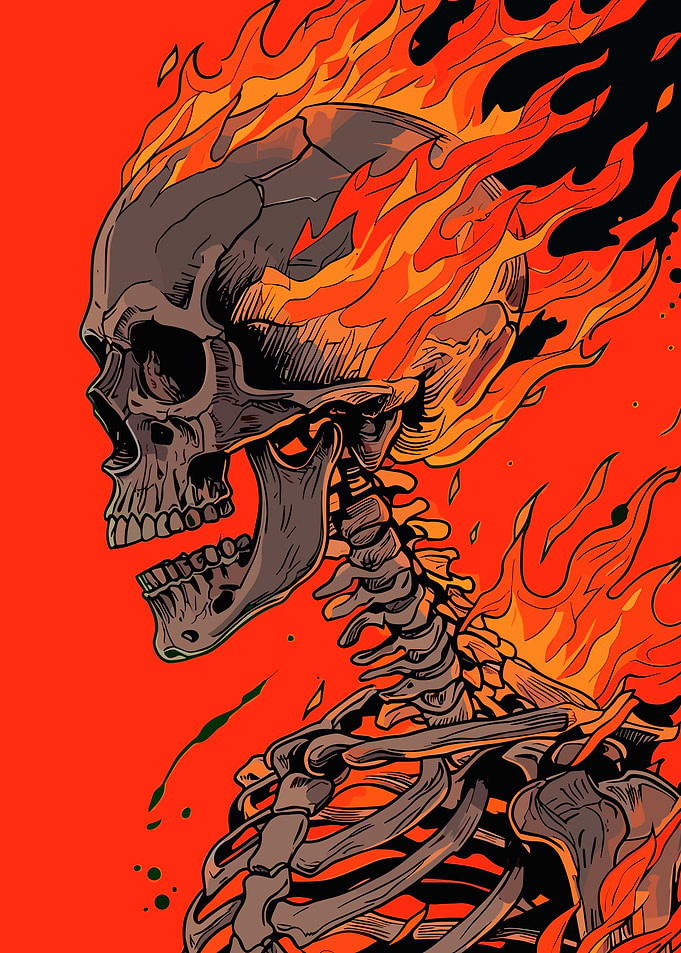 Flaming Skull and Skeleton Illustration