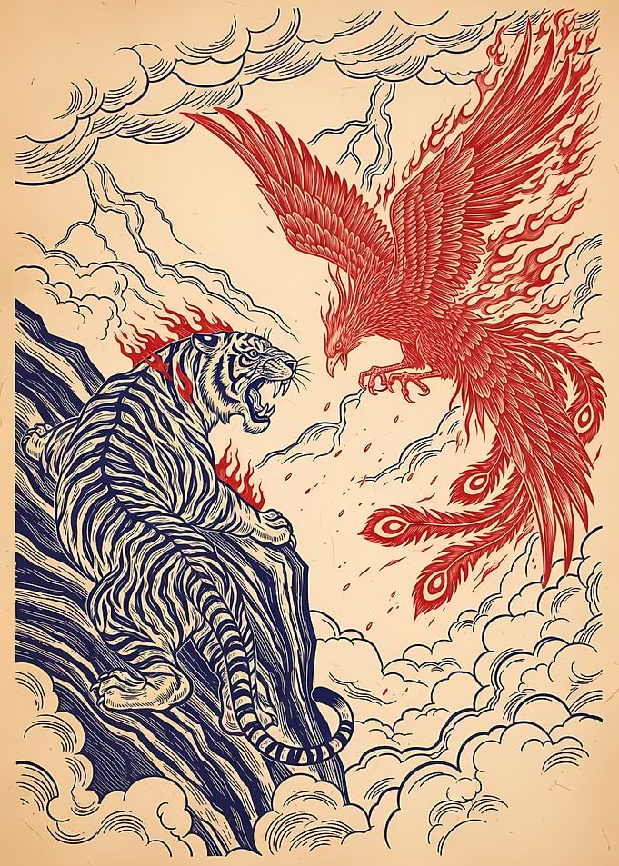 Tiger and Phoenix Confrontation Illustration
