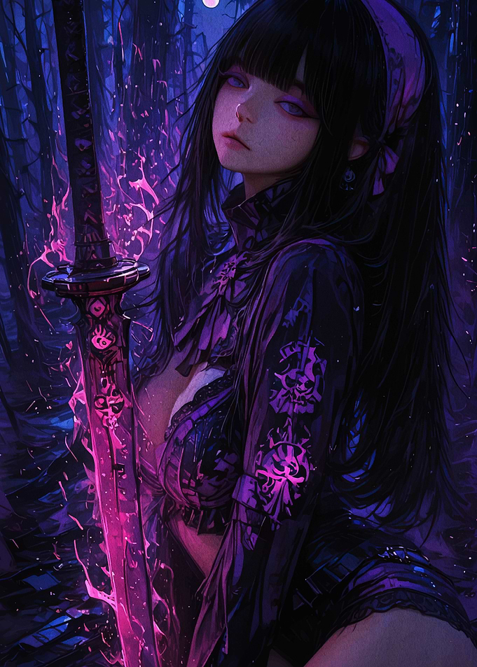 Anime Girl with Katana in Dark Forest