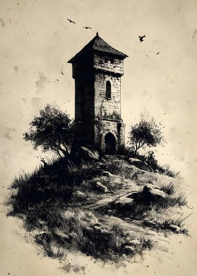 Monochrome Tower on Hill with Birds