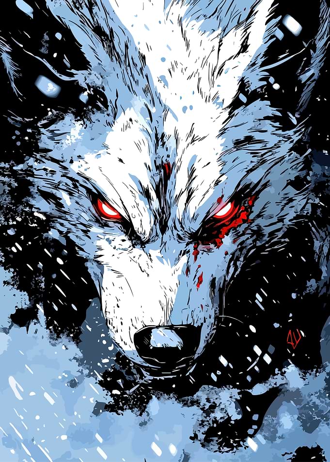 Intense Wolf Portrait with Red Eyes