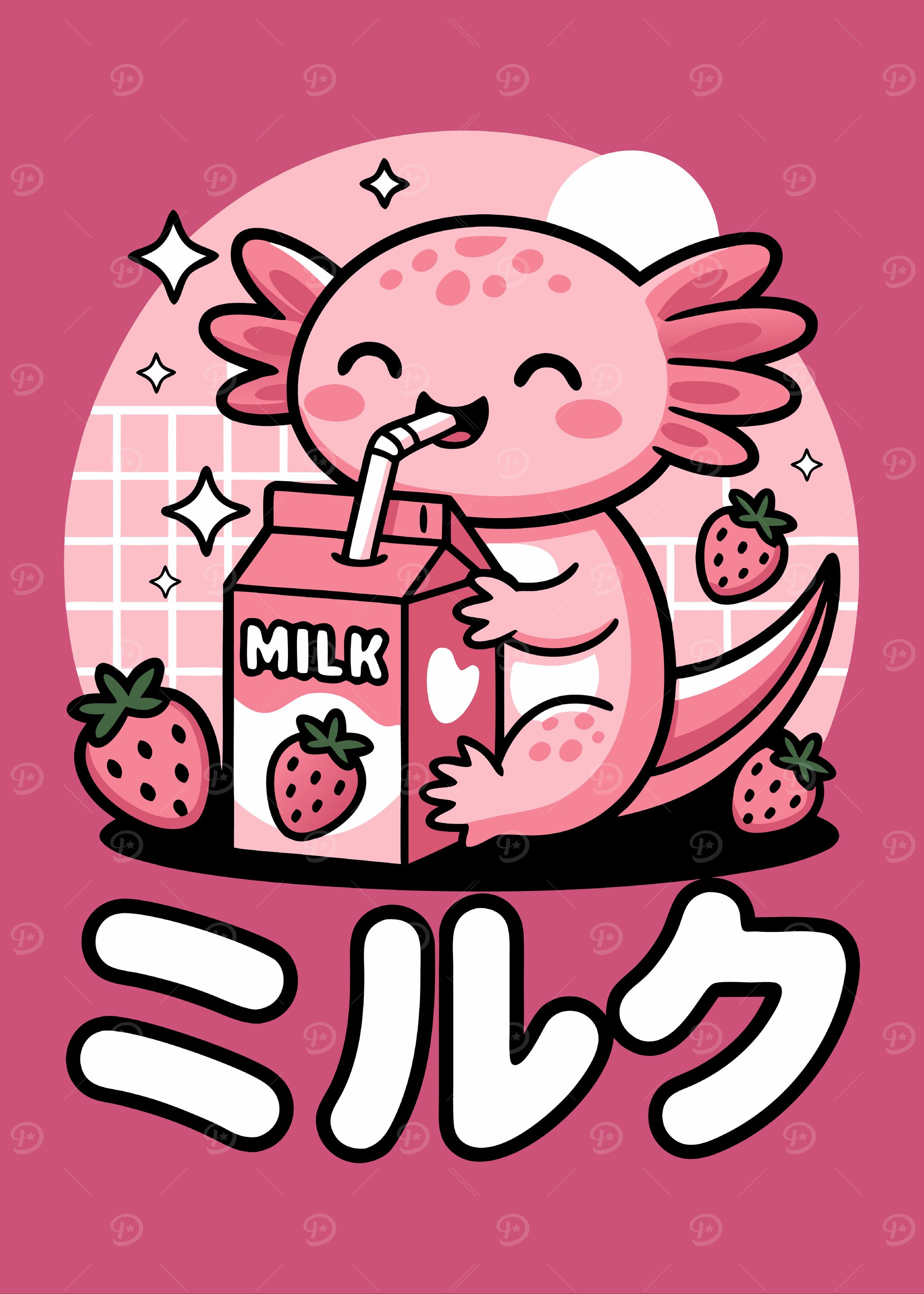 Cute Axolotl Drinking Strawberry Milk
