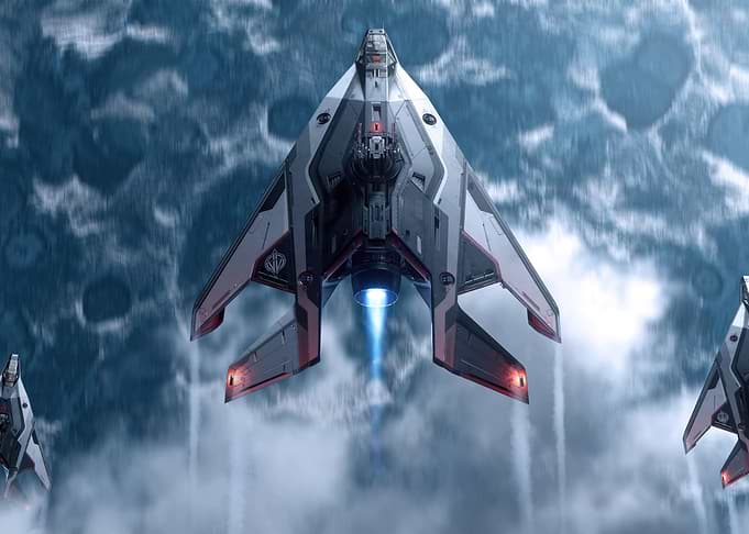 Futuristic Spaceship Flying Through Cloudy Sky