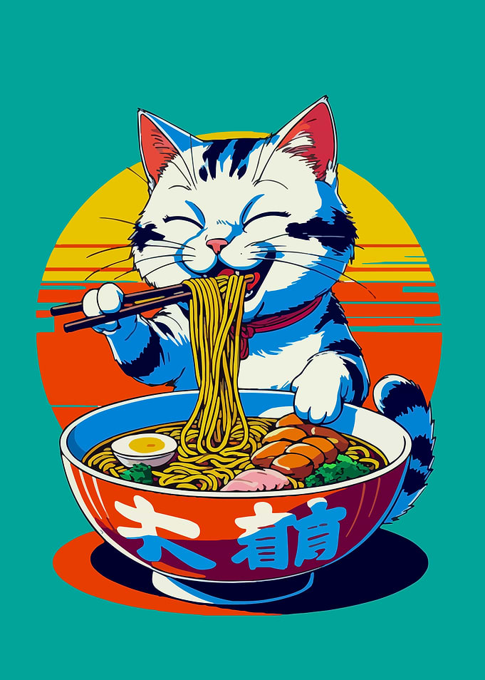 Cat Eating Ramen Bowl Illustration