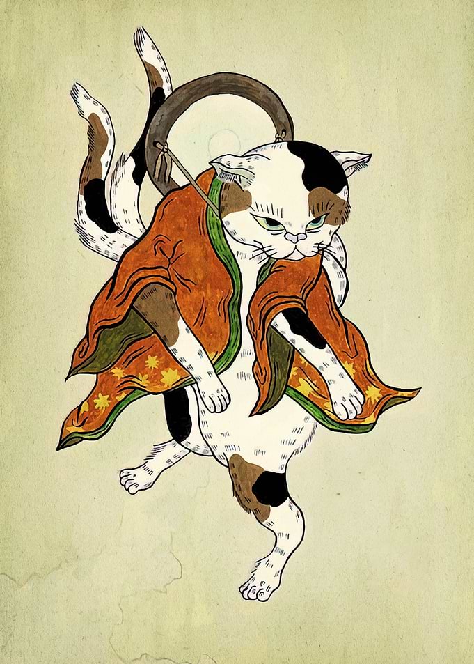 Ukiyo-e Style Cat with Drum