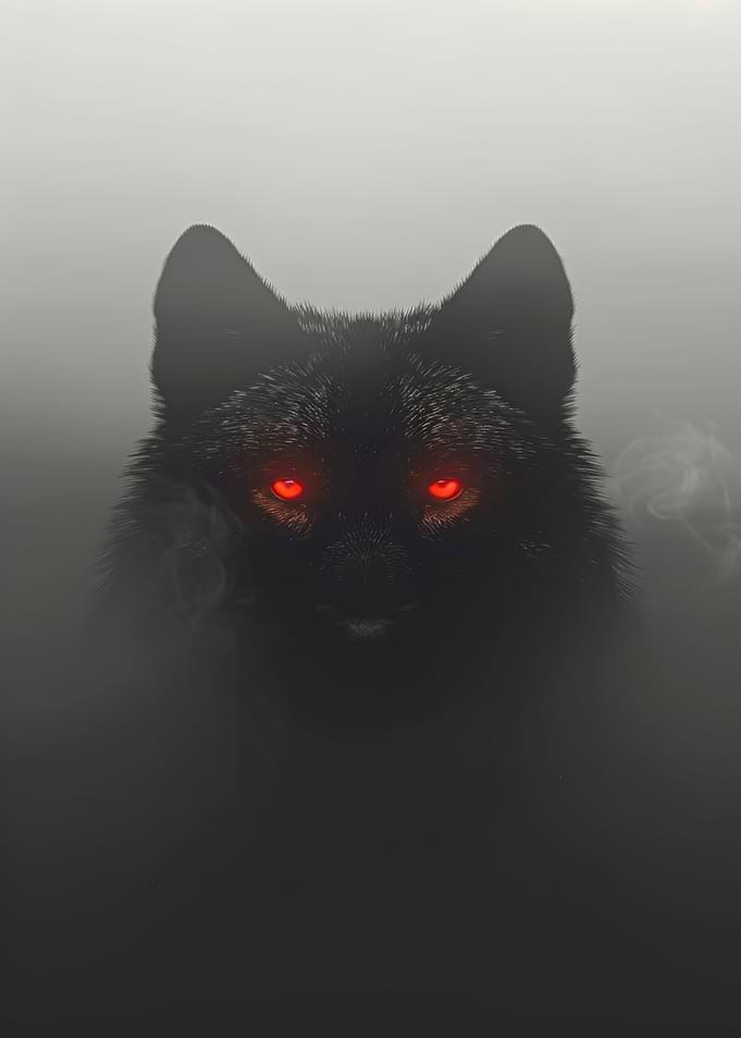 Black Wolf with Red Eyes in Fog