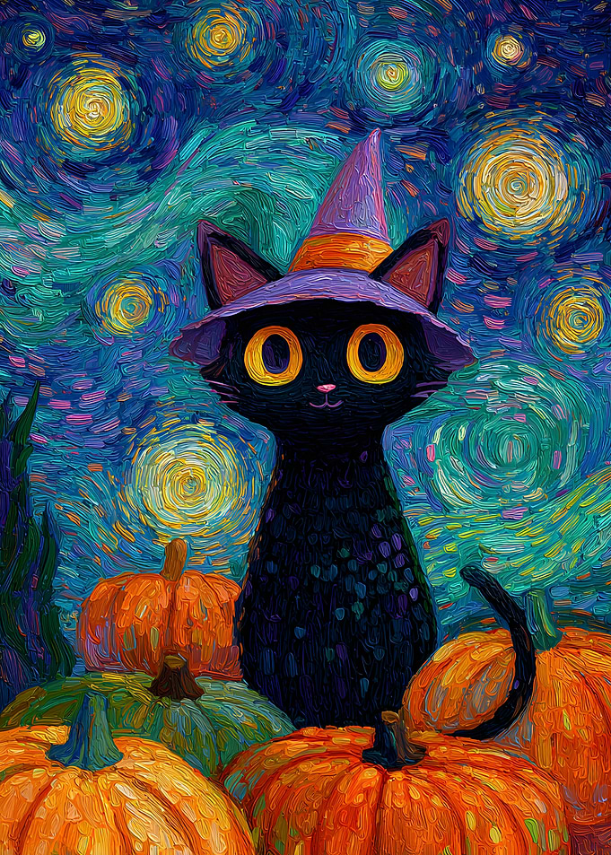 Whimsical Halloween Cat in Van Gogh Style