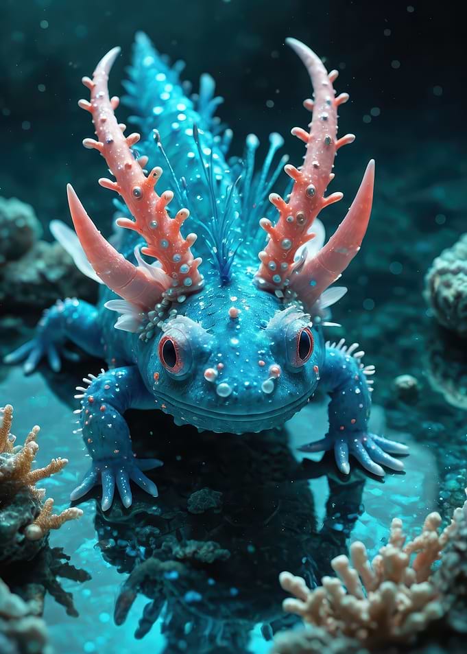 Coral-Gilled Axolotl — Vibrant Underwater Fantasy Creature Art