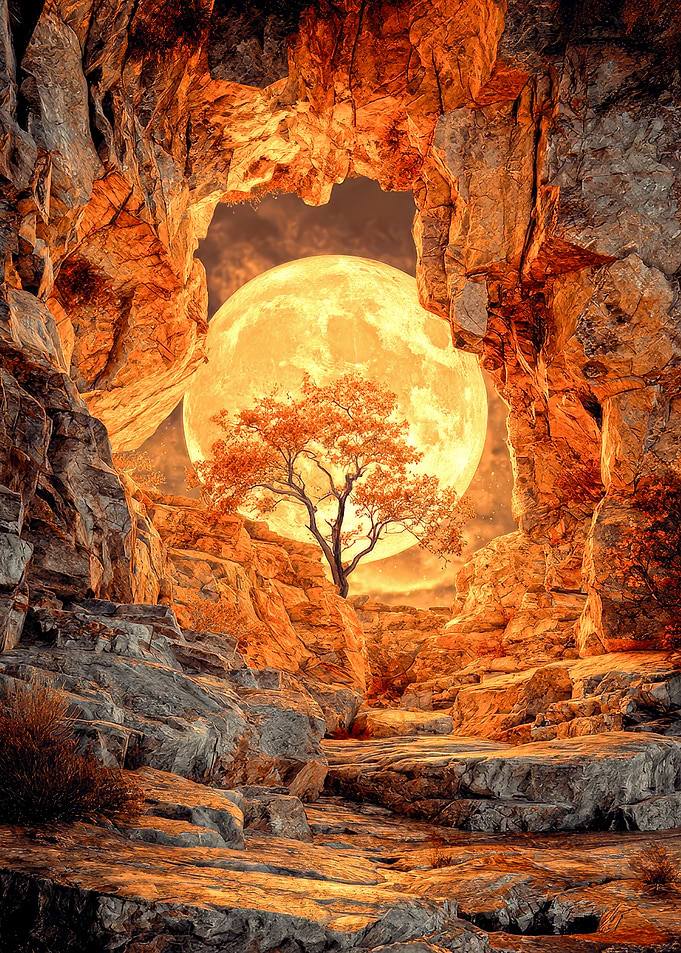 Cave Opening with Moon and Tree