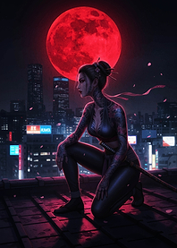 Cyberpunk Ninja with Red Moon
