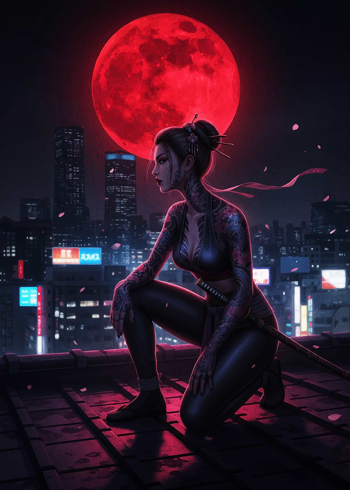 Cyberpunk Ninja with Red Moon