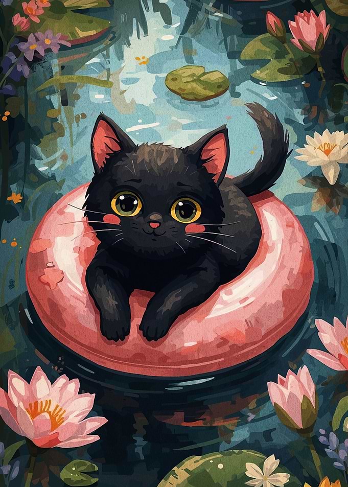 Black Cat in Pink Float Illustration