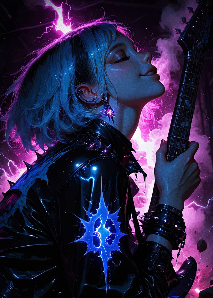 Electric Guitarist in Neon Lightning Storm