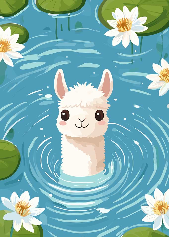 Cartoon Llama in Pond with Lilies
