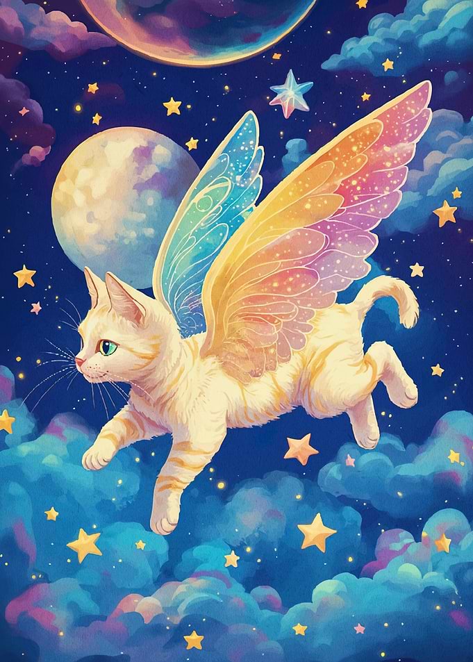 Winged Cat Flying Starry Sky