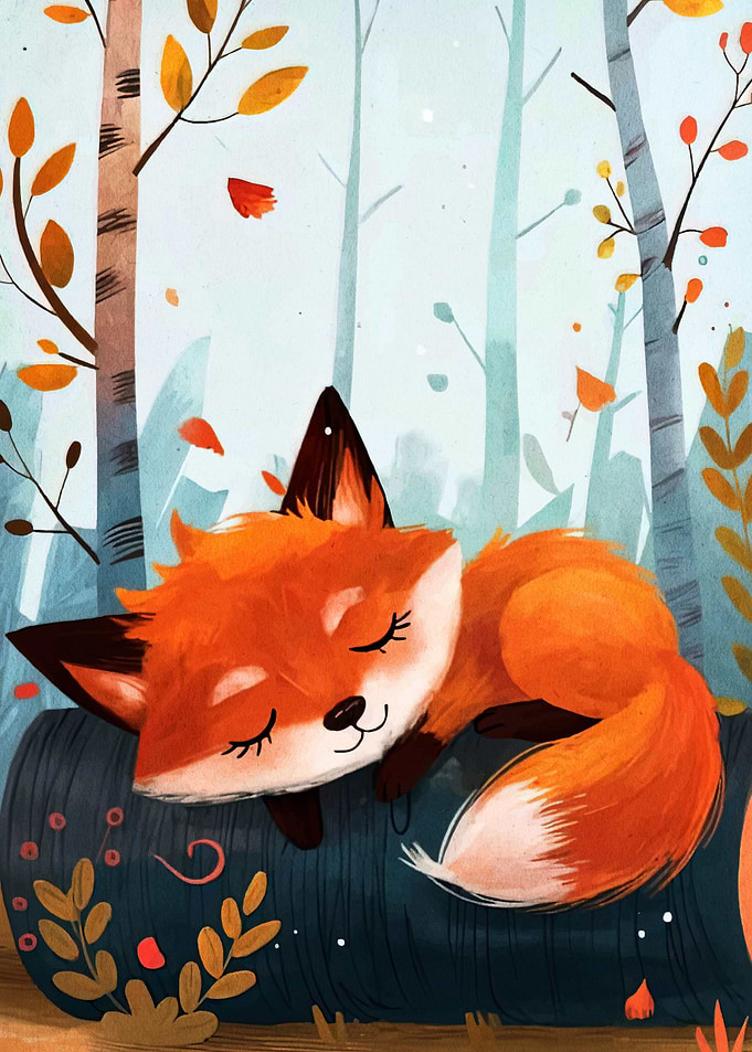 Sleeping Fox in Autumn Forest Illustration
