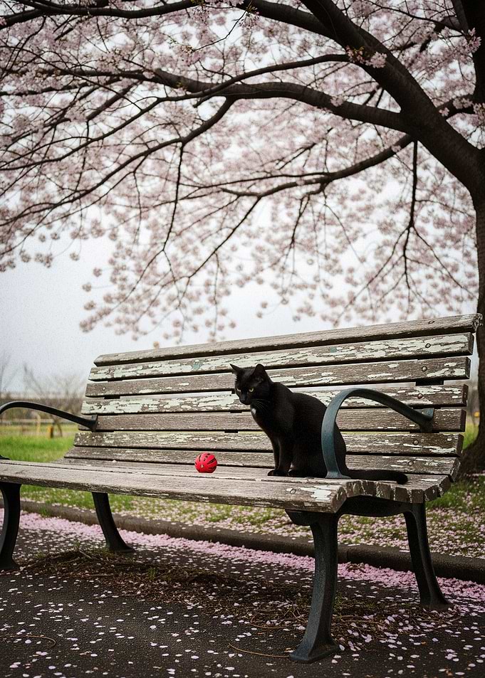 Black cat on bench under cherry blossoms