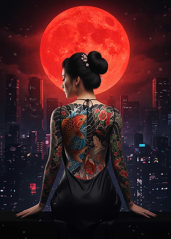Tattooed Woman with Red Moon Backdrop