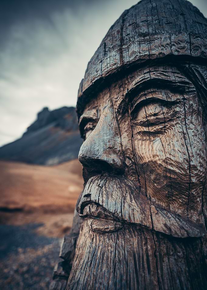 Wooden Viking Statue in Landscape