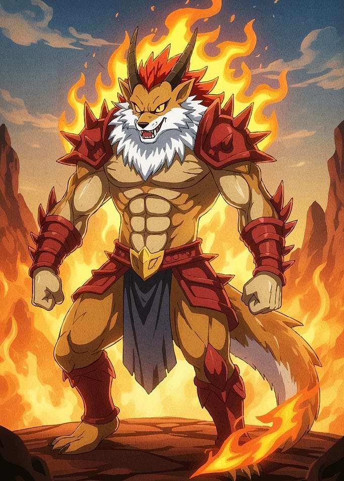 Fiery Anthropomorphic Wolf Warrior
